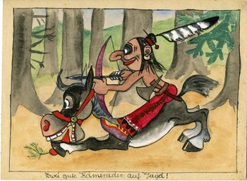 Karikatur: Ein Indianer mit Pfeil und Bogen reitet auf seinem Pferd durch einen Wald.