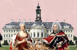 Ausstellungsplakat mit Schloss Hubertusburg, Maria Josepha und Friedrich August