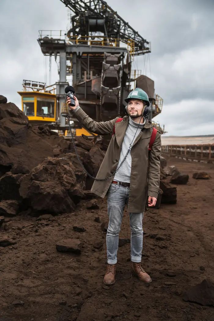 Ein Mann mit Helm auf einer Baustelle.