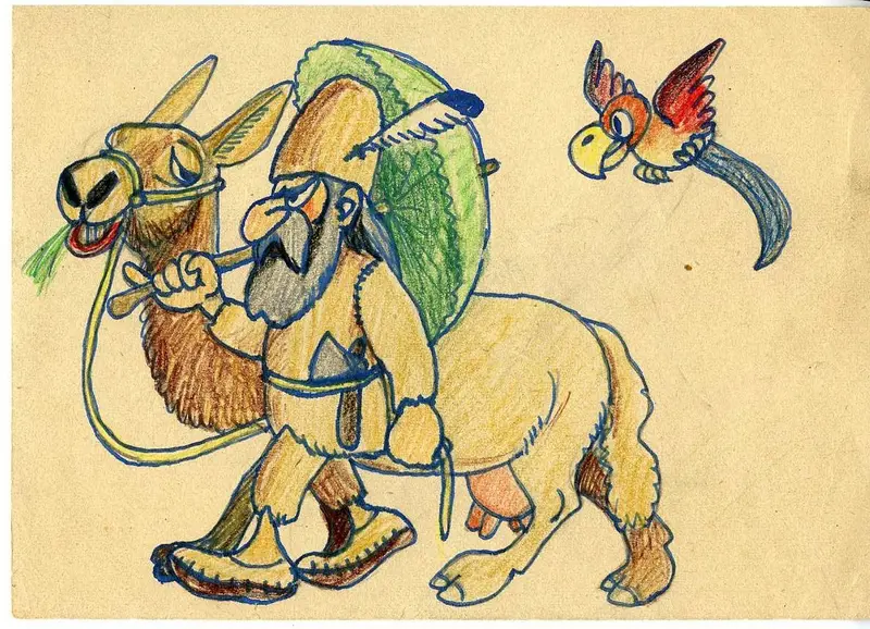 Eine Zeichnung, die ein Lama, einen Indianer und einen Papagei zeigt.