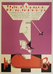Münchhausen. Ein unglaubliches Spektakelstück. 29. April 1959. Plakat vom Puppentheater Dresden zwei Monsterhände mit schmalen Fingern
